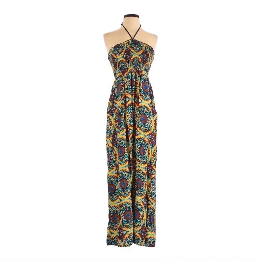 Band of Gypsies Halter Maxi Dress Small Yellow Blue Boho Medallion Print